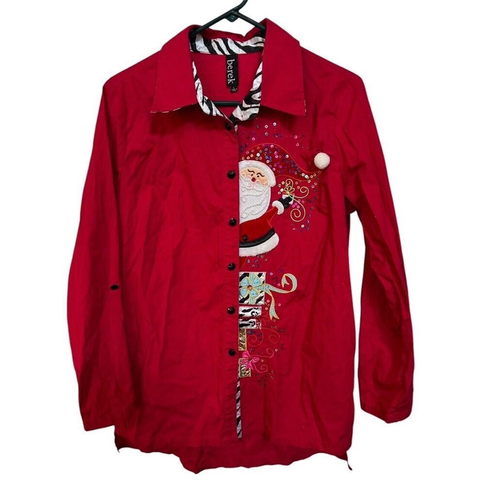 Peeking Santa Christmas Blouse Berek Red Zebra Trim Beads Sequins Top Women's L